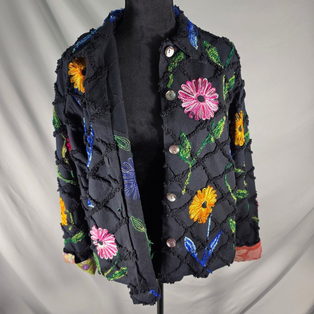 Tantrums Black Floral Embroidered Cotton Lattice Jacket M Boho Whimsigoth Vtg - Picture 4 of 13